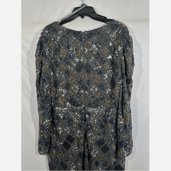 NWT‎ $498 Mac Duggal [ 16 ] Geo Embellished Midi Sheath Dress Charcoal Grey - Picture 12 of 14